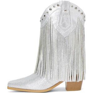 Women's Silver Rhinestone Fringe Cowgirl Ankle Boots Sparkly Western Cowboy Boot